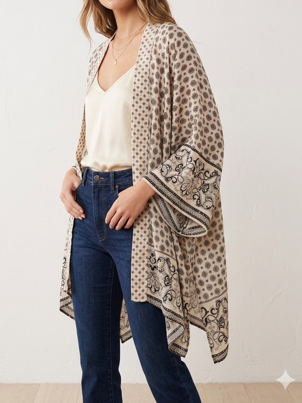 croft & barrow Beige and Black Printed Open Cardigan